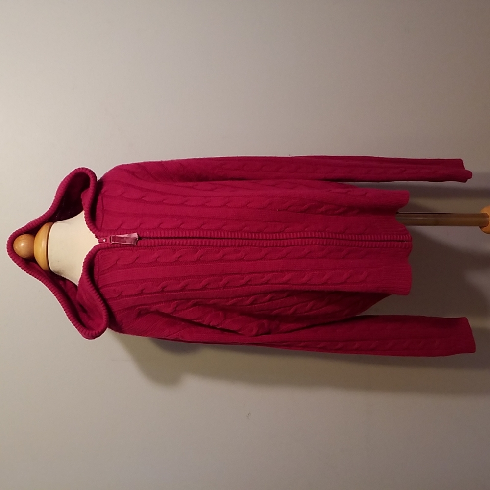 Old Navy SWEATER Jacket Dark Pink Zip Hooded Size L Cable Knit - Picture 2 of 9